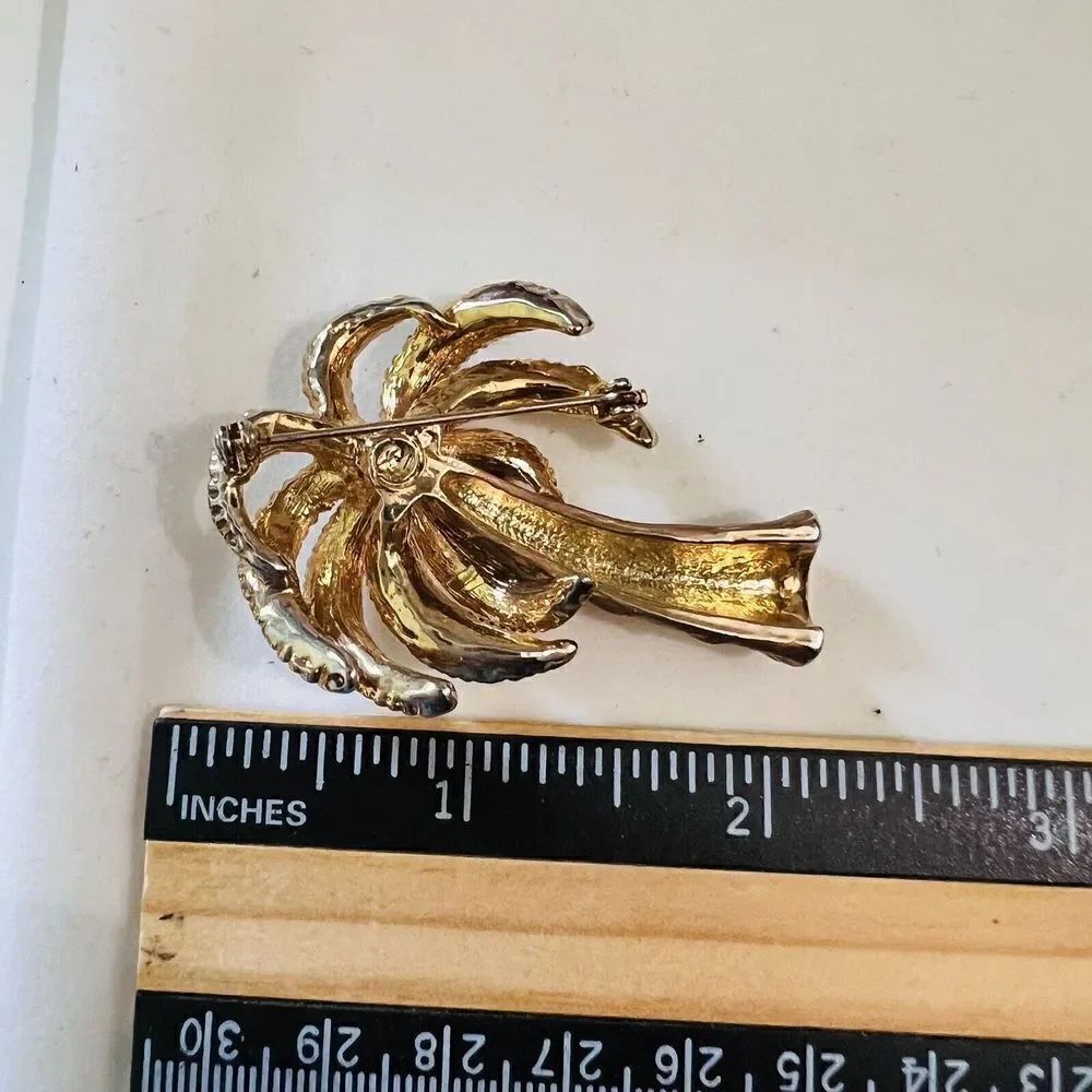 Vintage Textured Gold Tone Enamel Tropical Palm Tree Pin Brooch 1452 - Picture 7 of 9